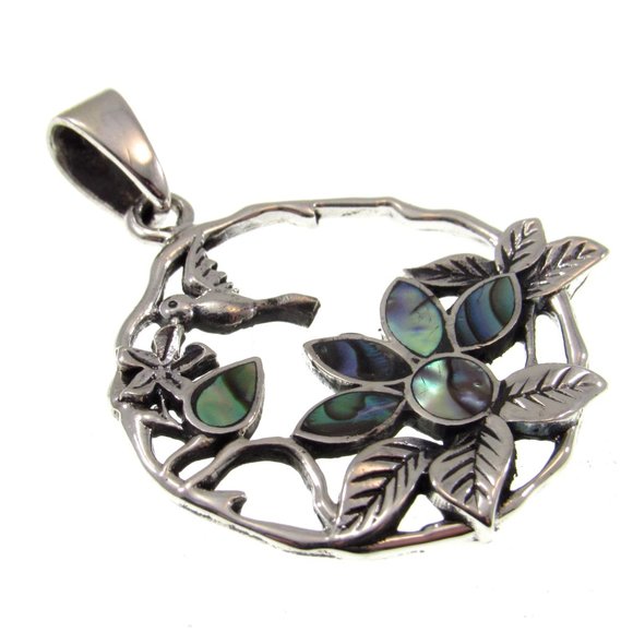 Solid 925 Sterling Silver Hummingbird & Flowers Pendant with Inlaid Paua Shell - Picture 5 of 7